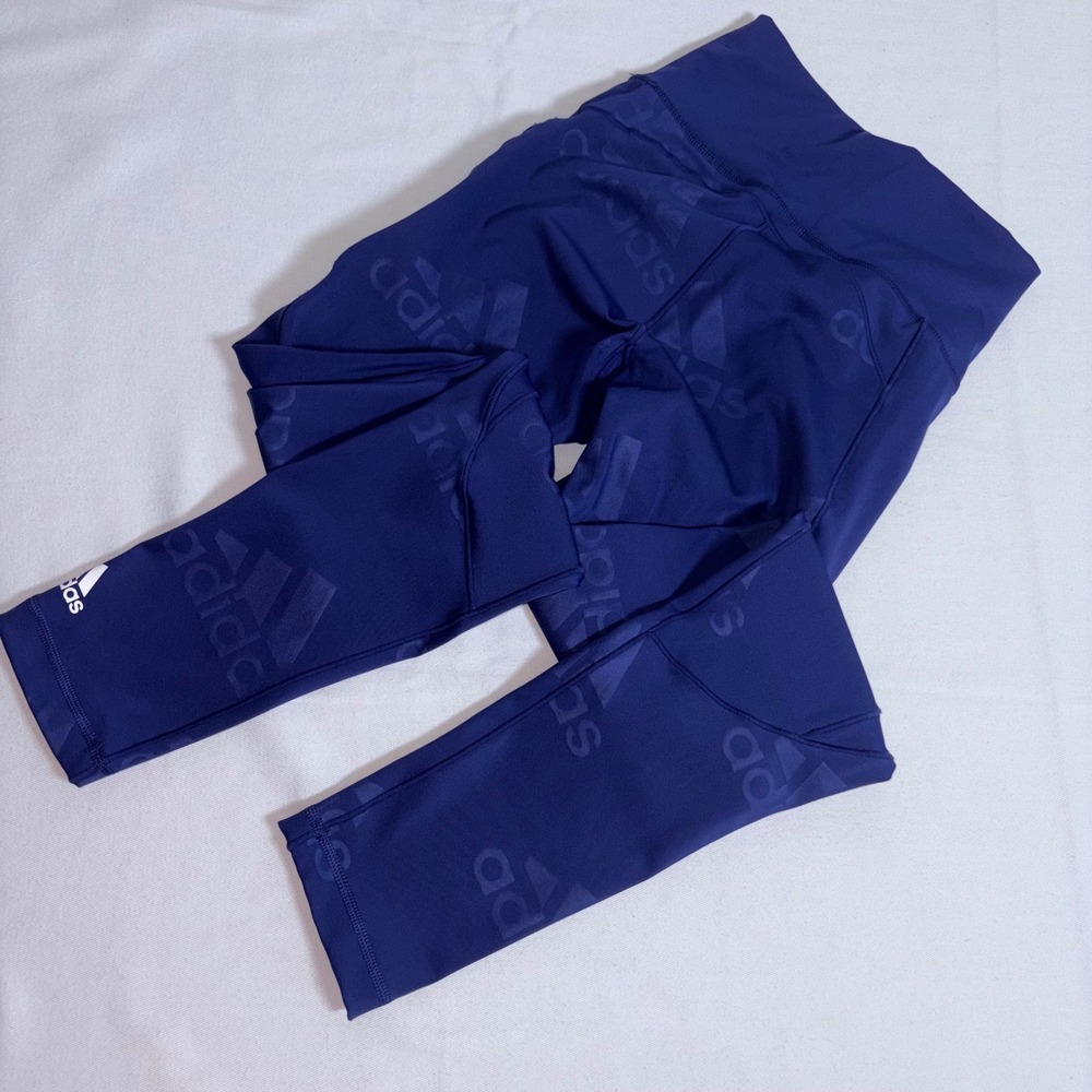Adidas Tonal Logo Leggings XS Navy Blue Excellent High Rise Side Pocket 7/8